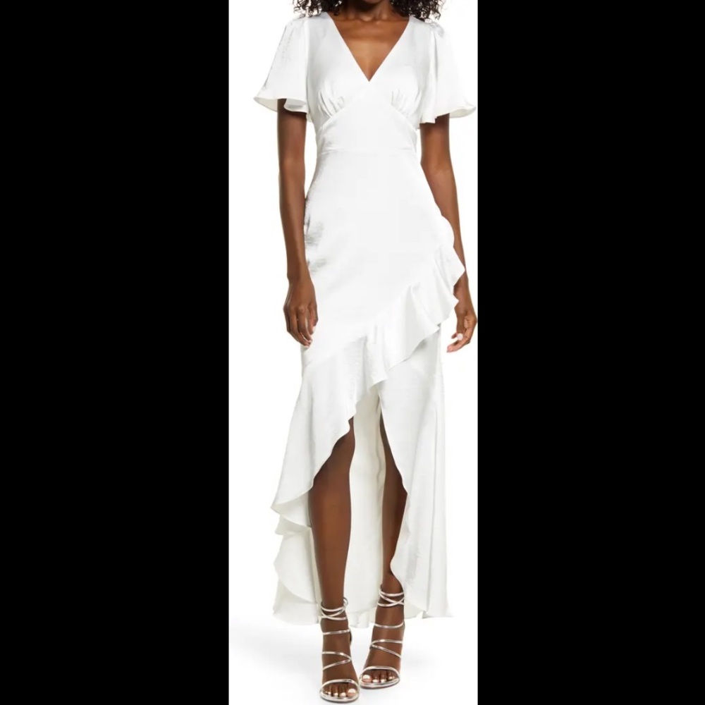 Lulu’s Eternal Bond White Satin Ruffle Flutter Sleeve Maxi Dress